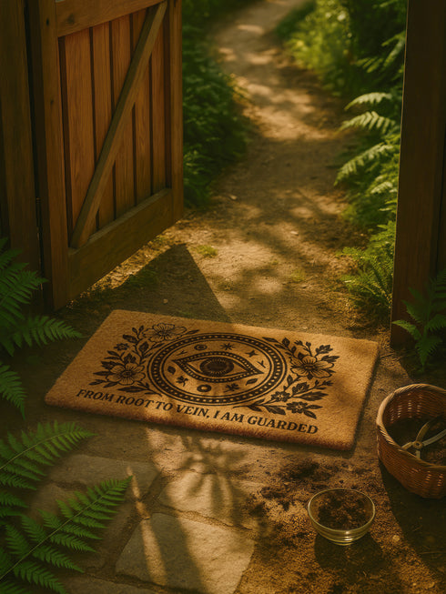 Rectangular 24x16 inch coconut coir doormat with a black vinyl backing. The mat features a central evil eye surrounded by botanical flowers, stars, and dots, with the phrase “From Root to Vein, I Am Guarded” printed at the bottom. Designed for outdoor use, with durable bristle texture for entryways or garden paths.